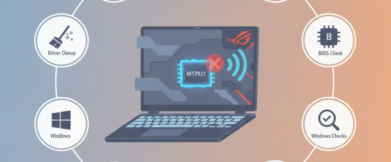 ASUS TUF/ROG’da Wi-Fi seçeneği kaybolduysa (MT7921 / Code 45), 9 adımda çöz: güç boşaltma, sürücü temizleme, güç ayarları, BIOS/Windows kontrolleri ve test sırası (Ankara). (AI Görsel) ASUS TUF/ROG’da Wi Fi seçeneği kaybolduysa (MT7921 / Code 45), 9 adımda çöz: ...
